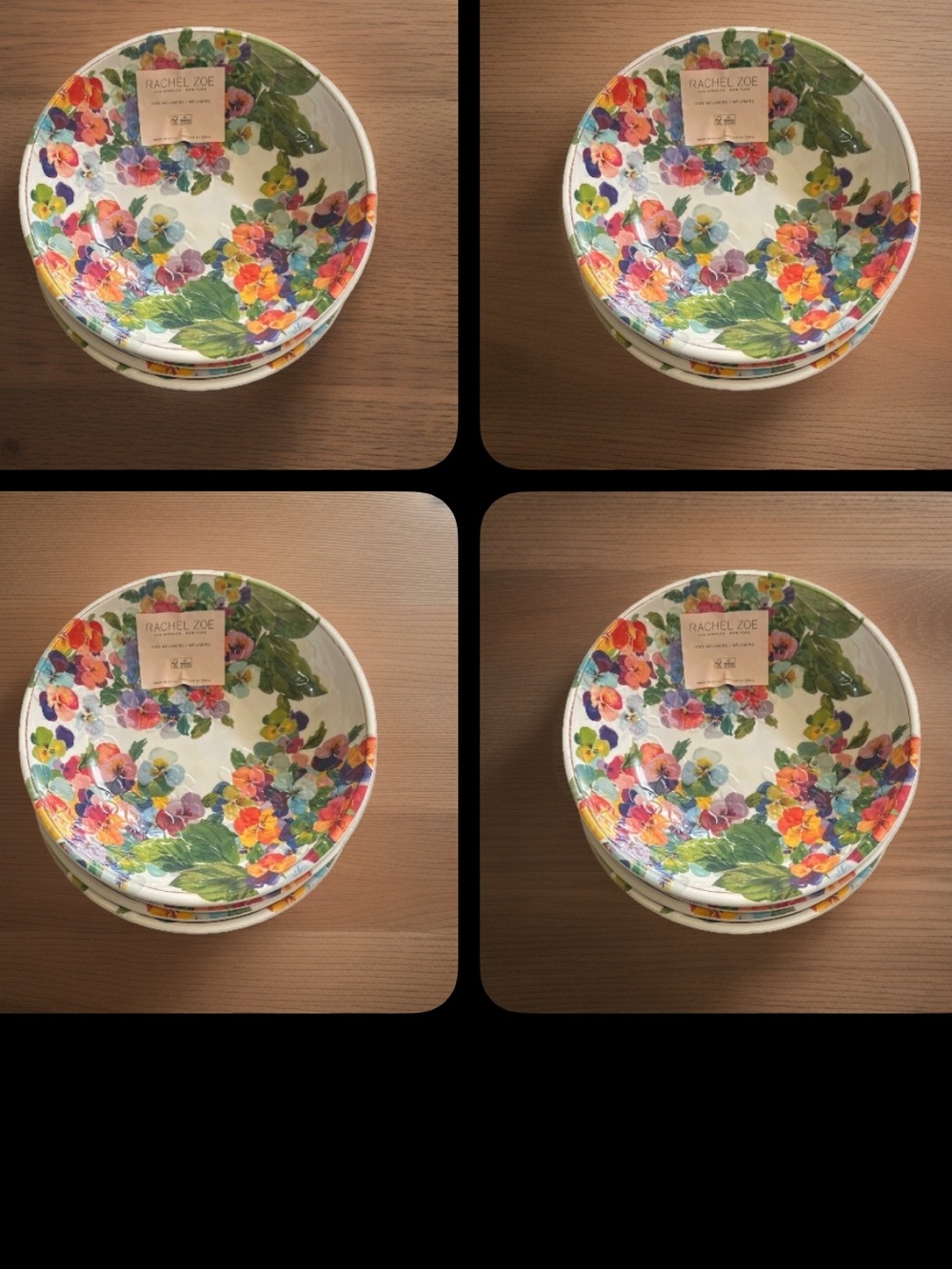 Rachel Zoe Multicolor Floral Melamine 8” 4-Bowl Dining set Pansy Floral Pattern